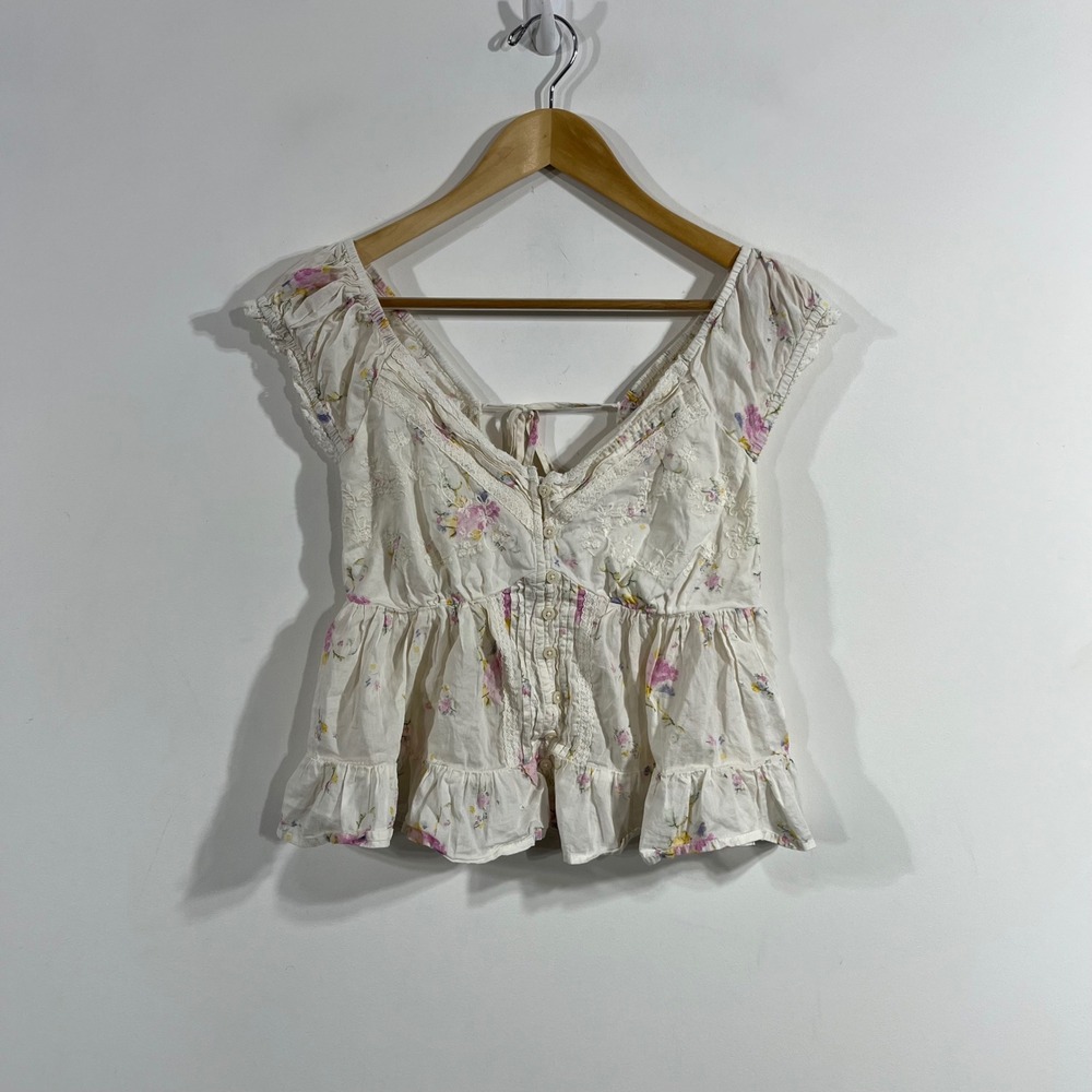Womens Y2K Renfair Boho Floral Eyelet Twee Peplum Top XS Cottagecore Dainty